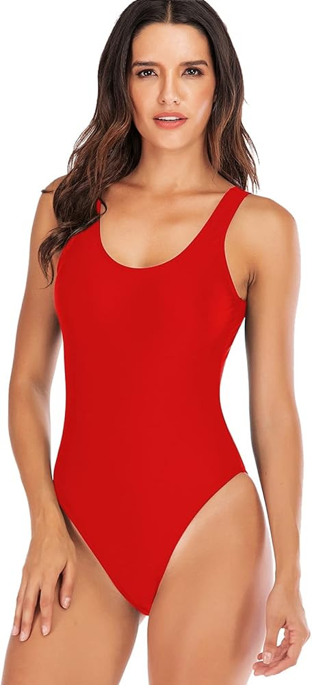 YELAIVP Women's Retro Scoop Neck Padded One Piece Swimsuits High Cut Low Back Bathing Suits Swimwear | Amazon (US)