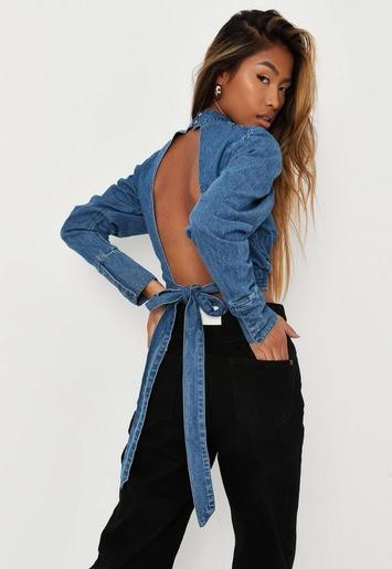 Blue Victorian Tie Back Denim Long Sleeve Top | Missguided (US & CA)