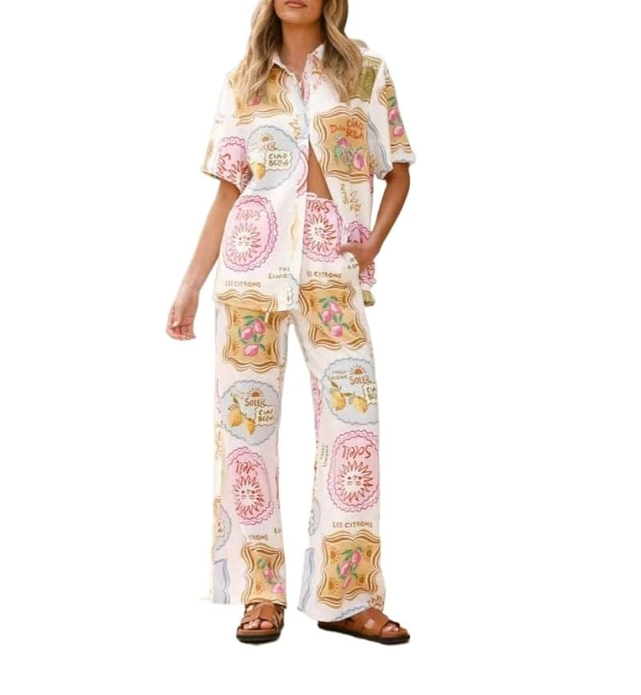 Women Graphic 2 Piece Pants Outfit,Short Sleeved Shirt, Wide Leg Pants, Vacation Beach Wear, Home... | Amazon (US)