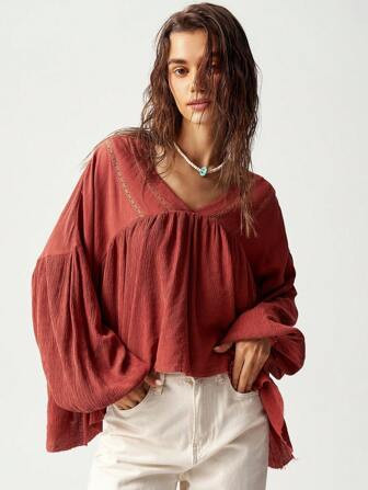 Bohemela Women's V-Neck Vacation Asymmetrical Hem Shirt | SHEIN