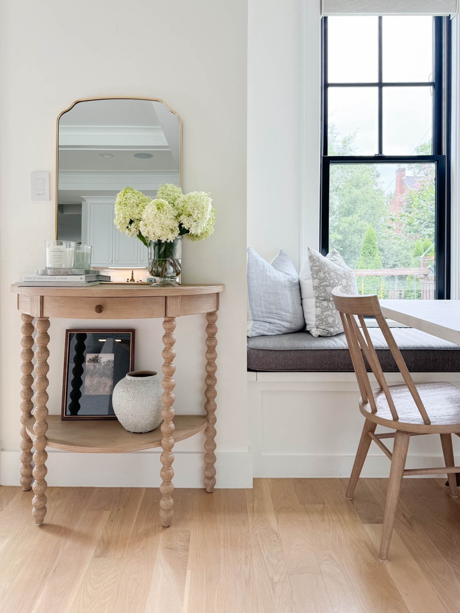 Breakfast nook, Dining nook. Banquette Seating, Upholstered Cushion, Window Seat, Shay Dining Chair from Pottery Barn, Wishbone dining table from West Elm, White dining table, Light wood dining chairs, wipeable dining chairs, Nancy Myers aesthetic, white kitchen, Benjamin Moore Simply White Paint, modern coastal, Serena & Lily, Hampton’s aesthetic, Amazon Home Finds, Home Decor, Affordable Pillow Covers, Block Print, Target Finds, Brass Mirror, Look for Less, Designer Inspired, Boujee on a Budget, Affordable Home Finds

#LTKStyleTip #LTKHome #LTKSaleAlert