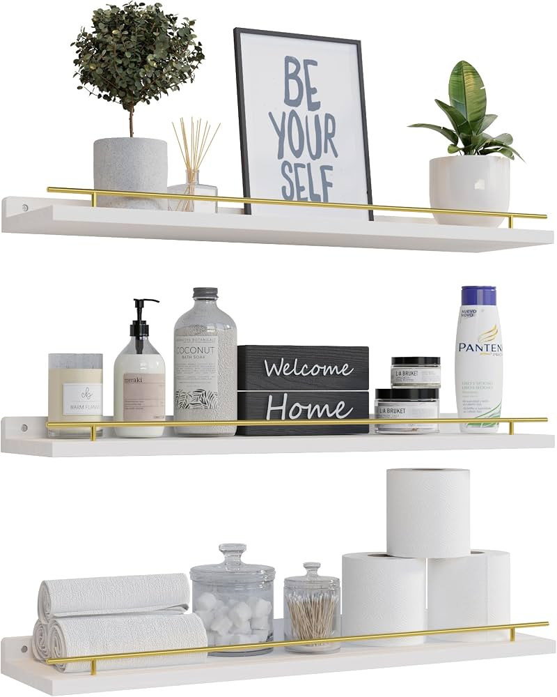 WOPITUES Floating Shelves 24 inch with Gold Metal Guardrail, Shelves for Wall Decor Set of 3, Wal... | Amazon (US)