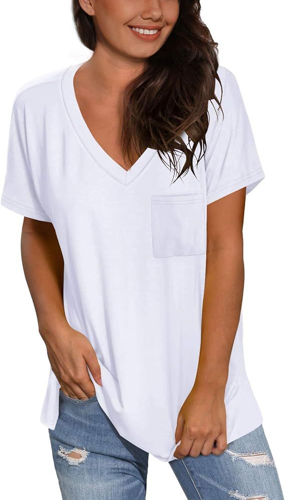 SAMPEEL Women's Basic V Neck Short Sleeve Floral T Shirts Summer Casual Tops | Amazon (US)