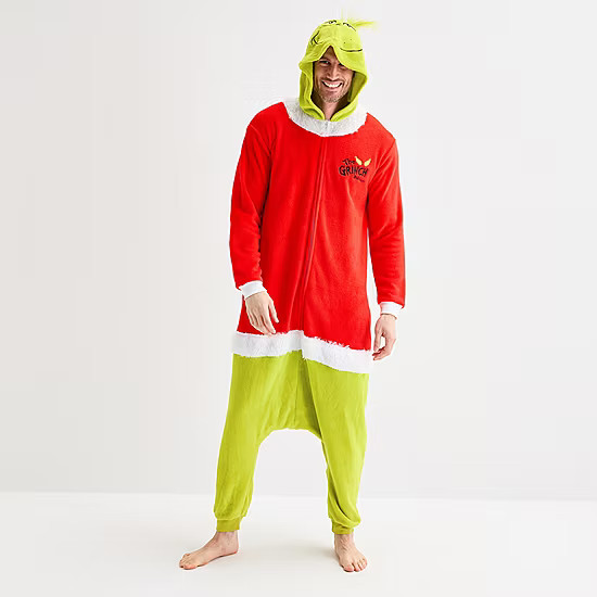 new!Santa Mens Dr. Seuss Grinch Fleece Hooded Long Sleeve Matching Family One Piece Pajama | JCPenney