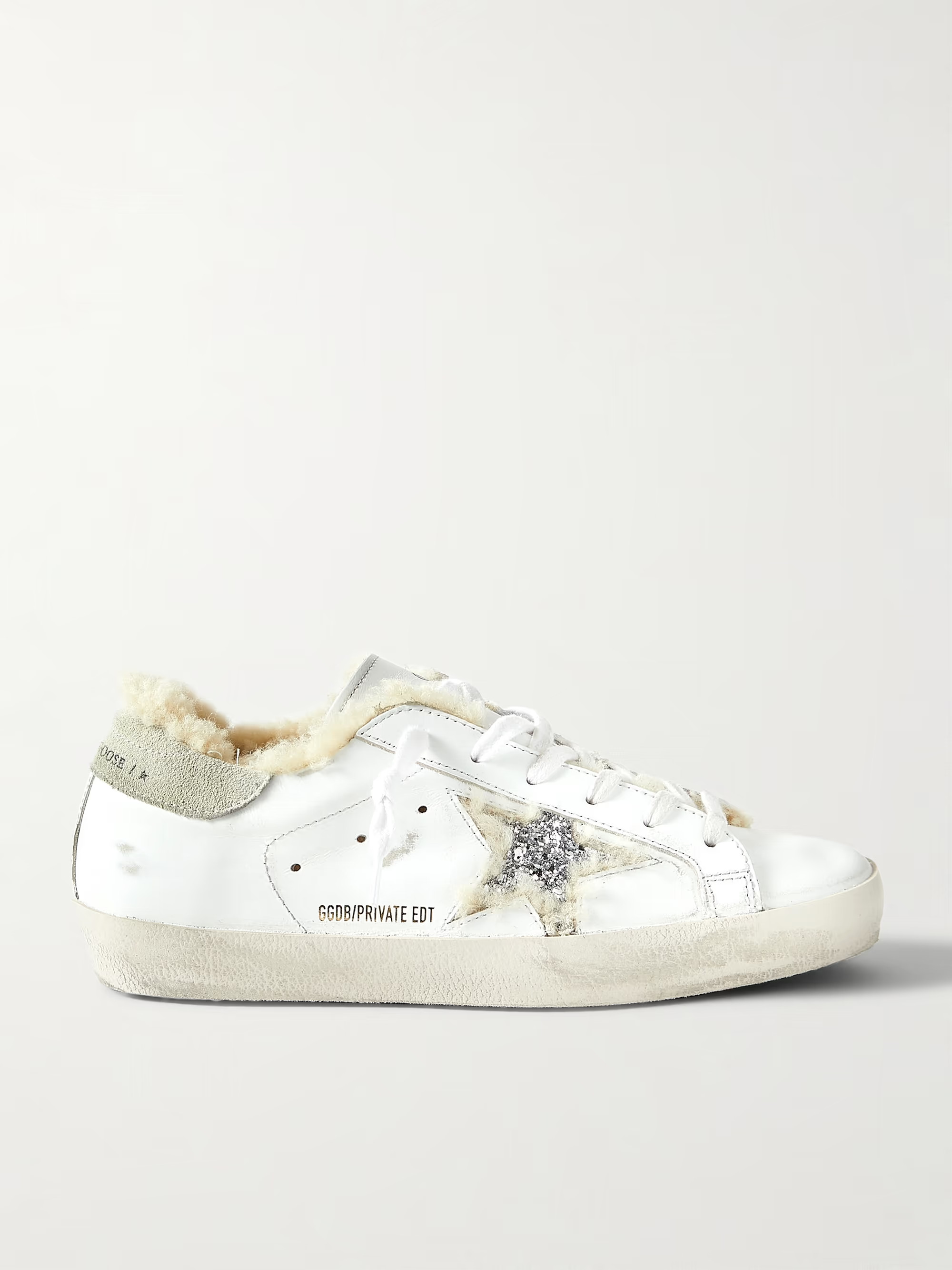 White Superstar shearling-lined distressed glittered leather sneakers | GOLDEN GOOSE | NET-A-PORT... | NET-A-PORTER (US)