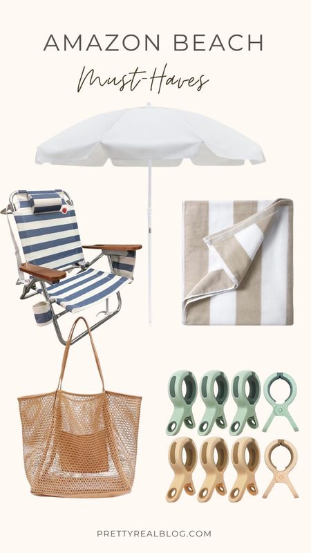 I was on a mission to find pretty and neural or classic beach things! Classic striped beach chair, neutral beach umbrella, mesh pool bag, pool towel clips, aesthetic beach finds, vacation finds 

#LTKSeasonal #LTKTravel #LTKHome