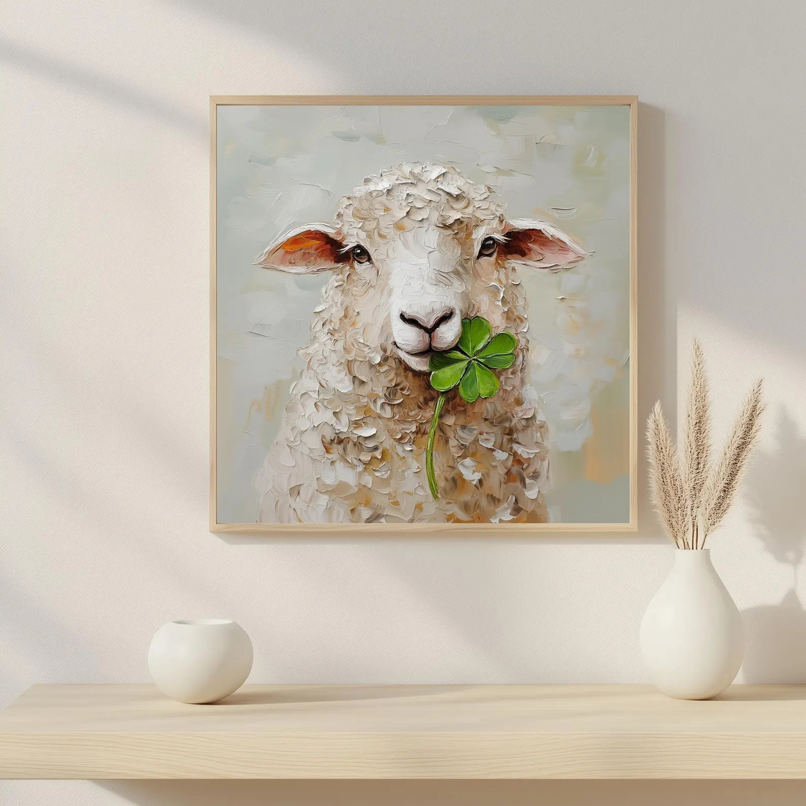 Shamrock Painting St. Patrick's Day Gift Four Leaf Clover Wall Art Sheep Print From an Original I... | Etsy (US)