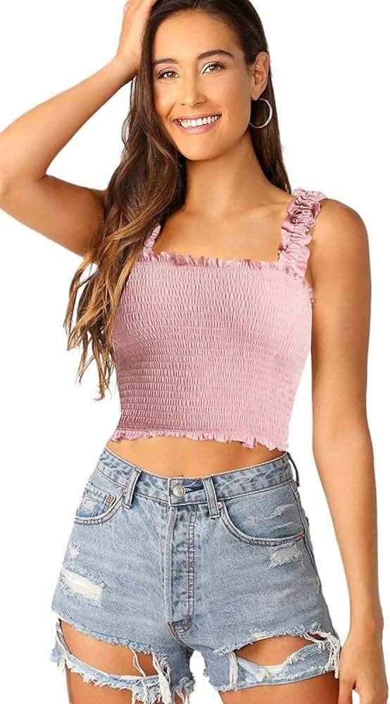 SheIn Women's Casual Frill Smocked Crop Cami Tank Shirred Strap Sleeveless Top | Amazon (US)