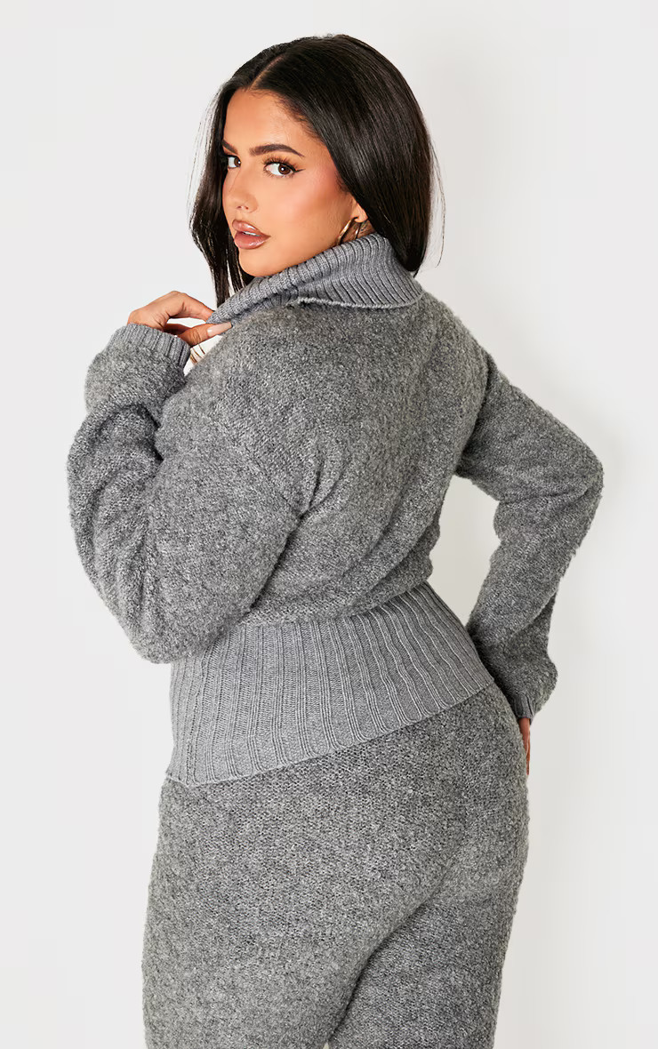 Plus Charcoal Contrast Textured Knit Bardot Foldover Sweater | PrettyLittleThing US