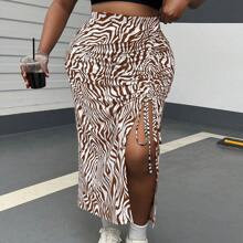 Plus Size Womens Zebra Print Side Slit Drawstring Waist Bodycon Skirt | SHEIN