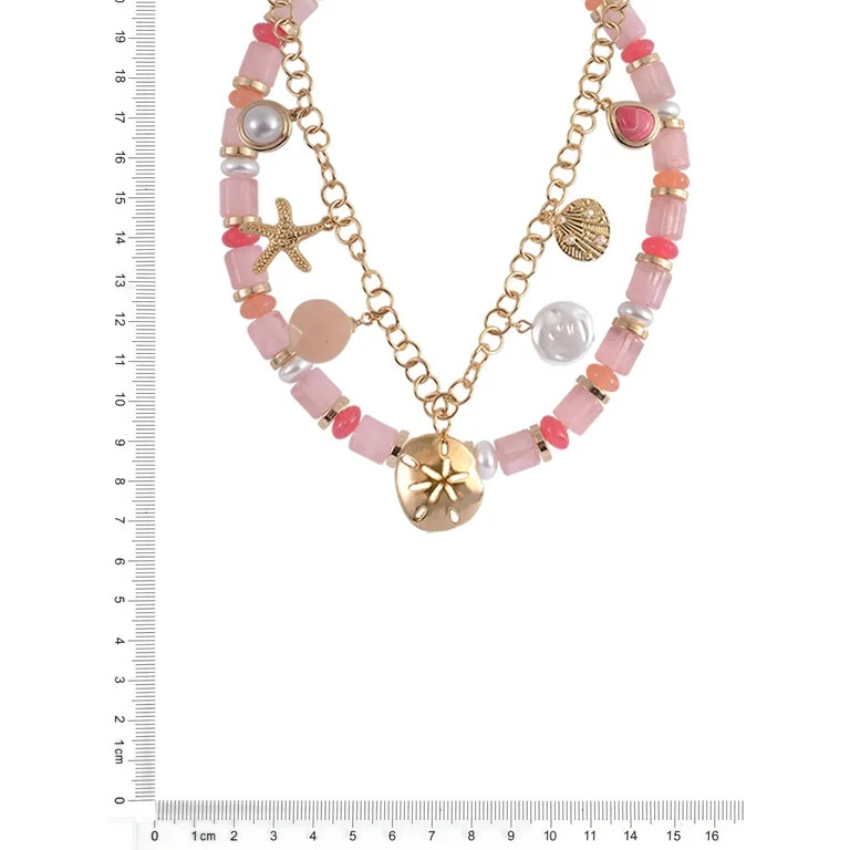 Time and Tru Adult Female Gold-Tone Metal Sea Motif Charms and Acrylic Bead 2 Row Necklace - Walm... | Walmart (US)