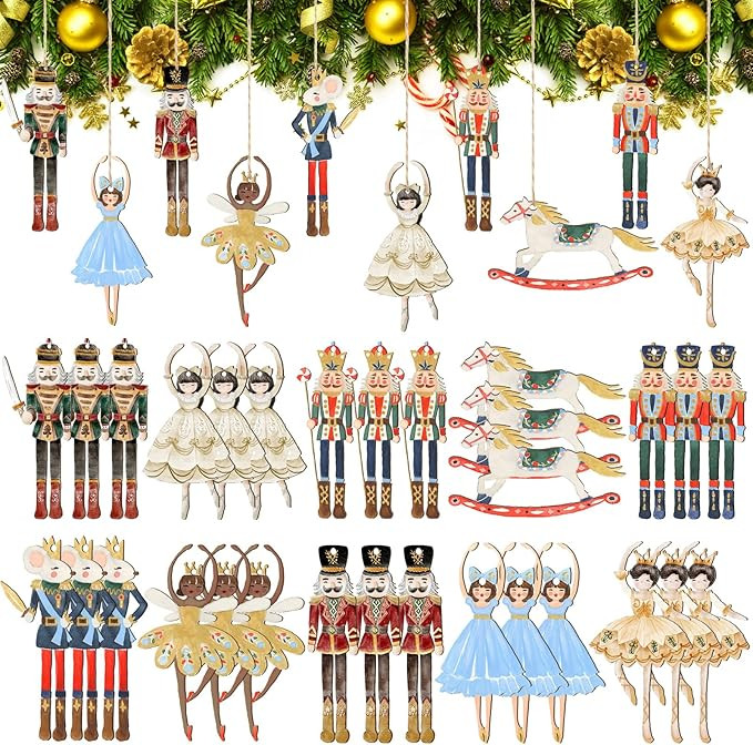 Gerrii 40 Pcs Christmas Nutcracker Decoration Set Wooden Nutcracker Christmas Tree Hanging Orname... | Amazon (US)