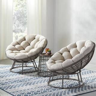 Tuckberry Papasan 3-Piece Wicker Outdoor Patio Bistro Chat Set with Putty Tan Cushion | The Home Depot