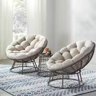 Hampton Bay Tuckberry Papasan 3-Piece Wicker Outdoor Patio Bistro Chat Set with Putty Tan Cushio... | The Home Depot