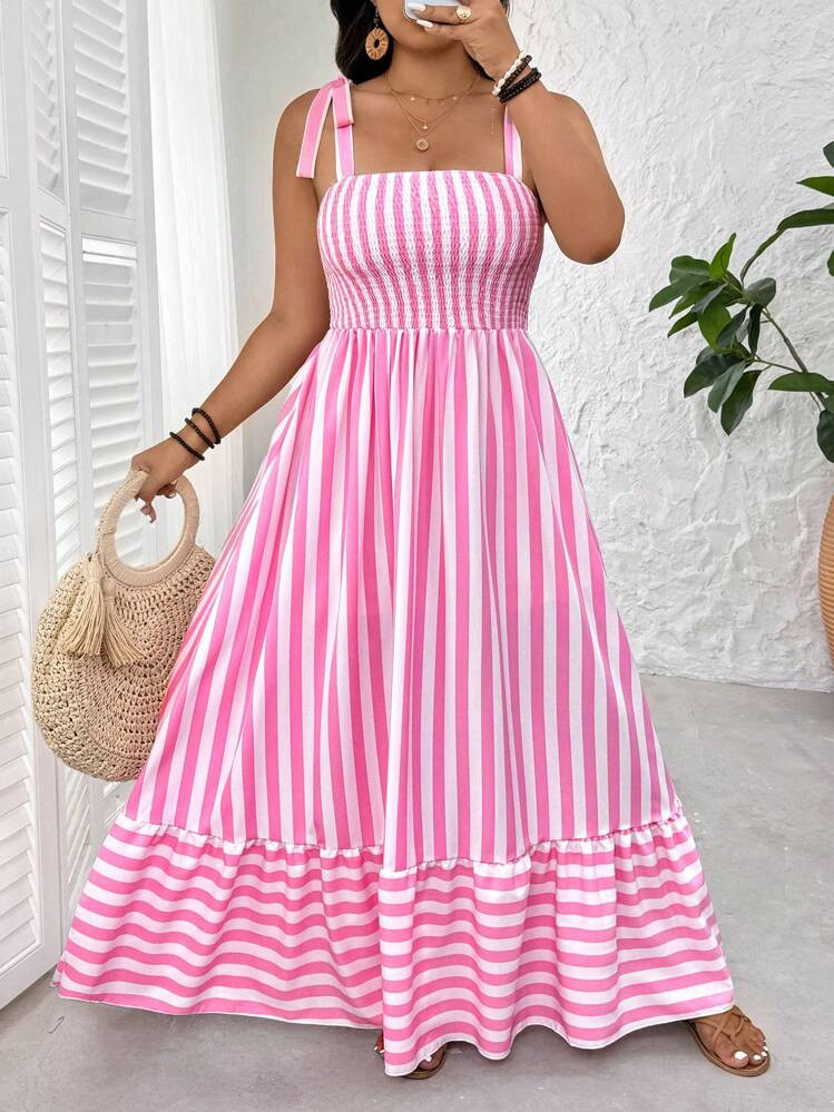 SHEIN Tall CURVE Plus Size Women Vacation Spaghetti Strap Striped Knotted Cami Dress | SHEIN