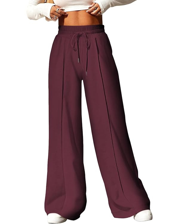 Aleumdr Women's High Waisted Drawstring Waist Wide Leg Sweatpants with Pockets Casual Loose Yoga ... | Amazon (US)