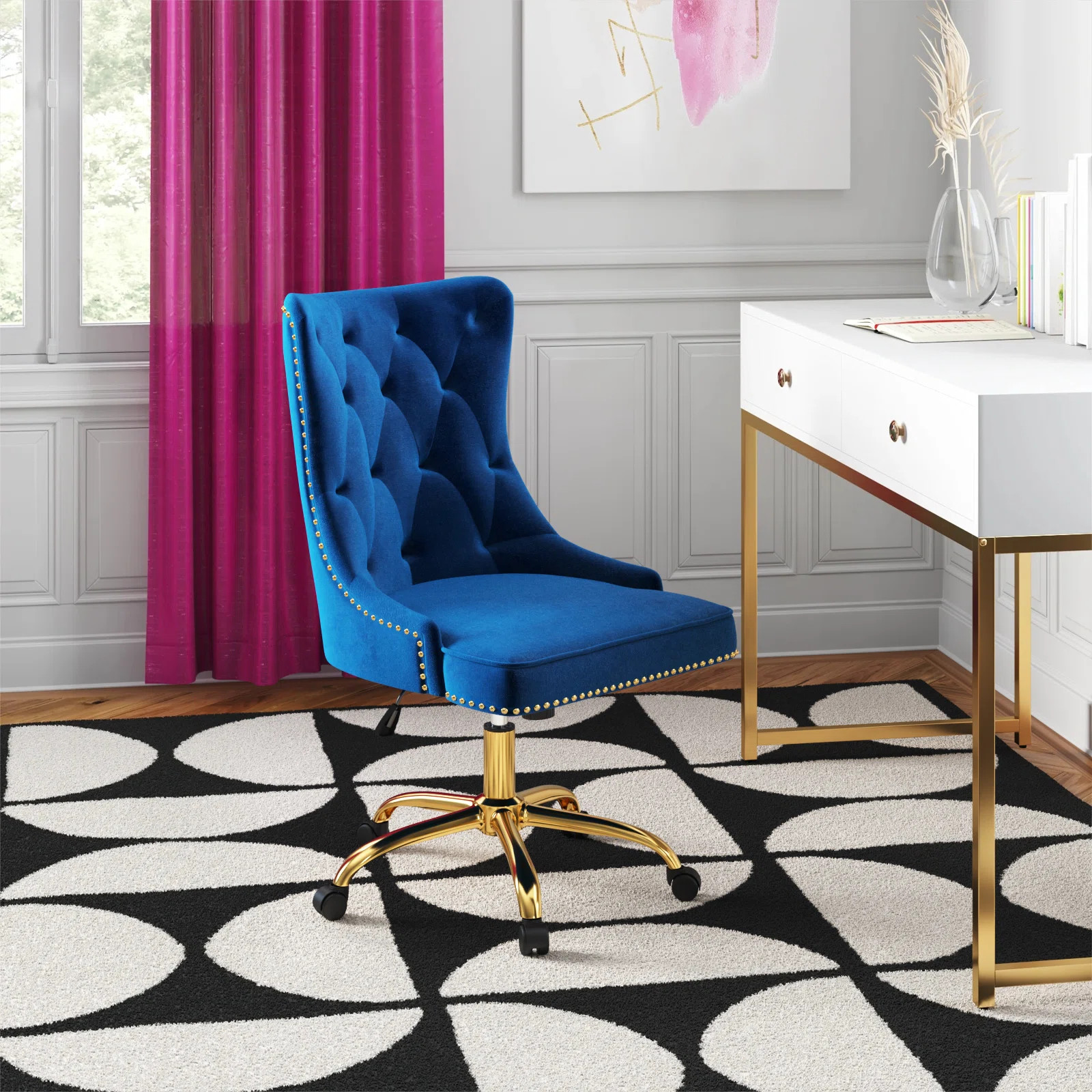 Lisa Swivel Height-Adjustable Wingback Tilting Velvet Task Chair with Tufted Naihead Trim | Wayfair North America