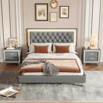 3-Pieces Upholstered Bedroom Set with LED Lights and Nightstands, Perfect for Modern and Romantic Spaces | Wayfair North America