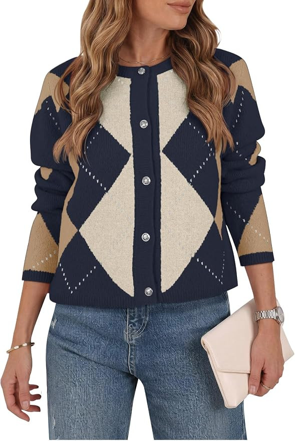 Saodimallsu Womens Color Block Argyle Cardigan Crew Neck Knit Sweater Tops | Amazon (US)