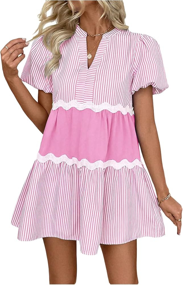 SOLY HUX Women's Striped Puff Sleeve Dress Cute Notch V Neck A Line Mini Going Out Dresses | Amazon (US)