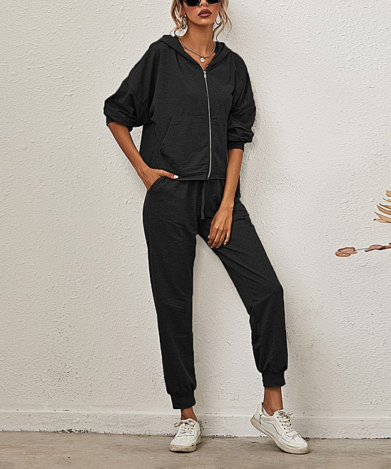 Floral Blooming Women's Sweatpants Black - Black Zip-Up Hoodie & Drawstring Joggers - Women | Zulily