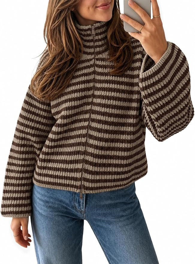 Saodimallsu Womens Striped Zip Up Sweaters Mock Neck 2026 Fall Trendy Casual Long Sleeve Loose Fi... | Amazon (US)