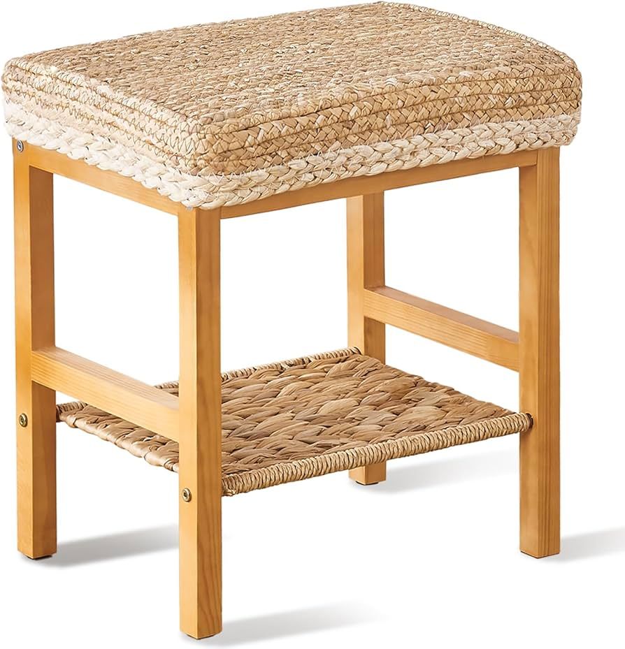 Cpintltr Ottoman Stool, White, Natural Seagrass, Wood Frame, 16 x 13 x 17.5 in | Amazon (US)