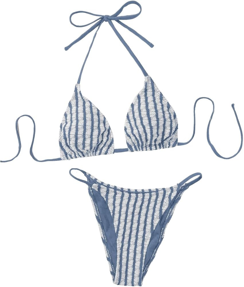 SHENHE Women's 2 Piece Striped Halter High Waist Tie Back Textured Sexy Bikini Set with Thong | Amazon (US)