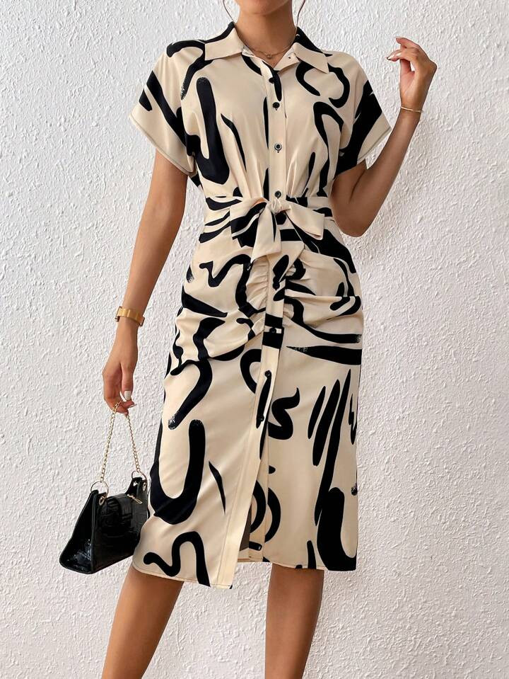 SHEIN Privé Graphic Print Ruched Front Batwing Sleeve Ruched Shirt Dress | SHEIN