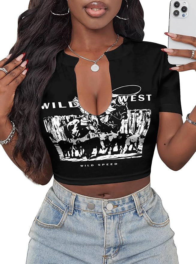 Hilinker Women's Sexy Graphic Crop Tops Short Sleeve V Neck T Shirts Summer Tees | Amazon (US)