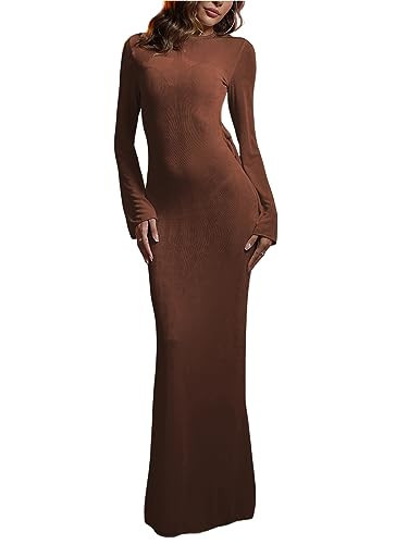 Women’s Long Sleeve Winter Dress Sexy Backless Stretchy Bodycon Party Club Formal Maxi Long Dresses Brown | Amazon (US)