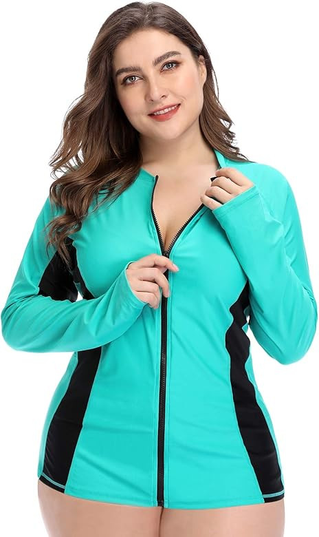 ATTRACO Womens Plus Size Long Sleeve Rash Guard Top Zipper Swimsuit Swim Shirt | Amazon (US)