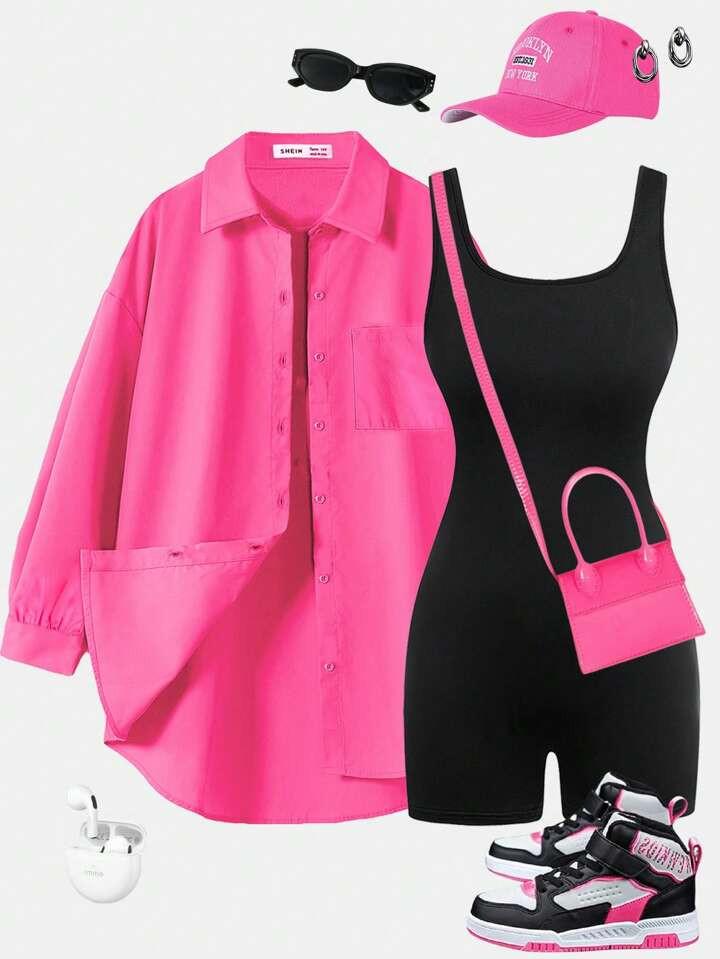 Siren Gaze Y2K Streetwear 2pcs Matching Set: Oversized Hot Pink Button Down Shirt & Slim Black Bo... | SHEIN
