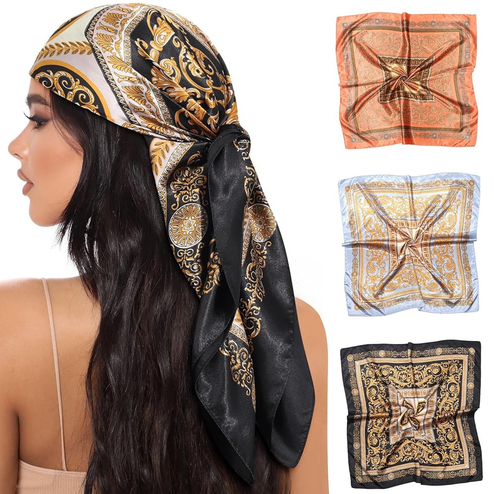 AWAYTR 35” Large Square Satin Head Scarf - 3Pcs Satin Hair Scarves Silk Bandana Scarf Headscarf... | Amazon (US)