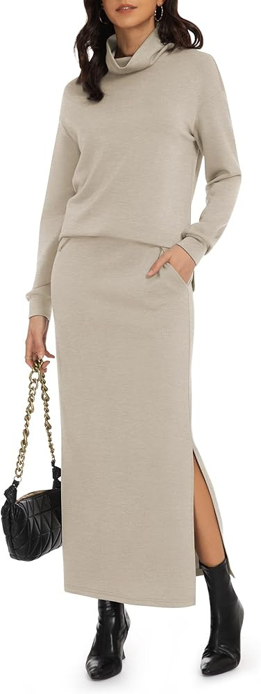 Women's 2 Piece Skirt Set Turtleneck Tops Long Skirt Matching Outfits with Pockets Fall Loungewea... | Amazon (US)