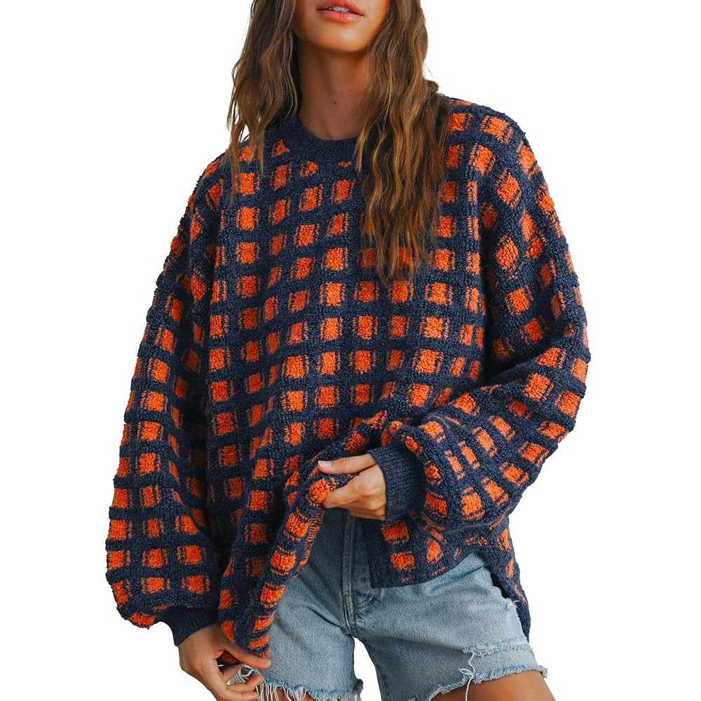 Hixiaohe Oversized Checkered Sweater for Women Trendy Pullover Sweaters Casual Long Sleeve Ribbed... | Amazon (US)