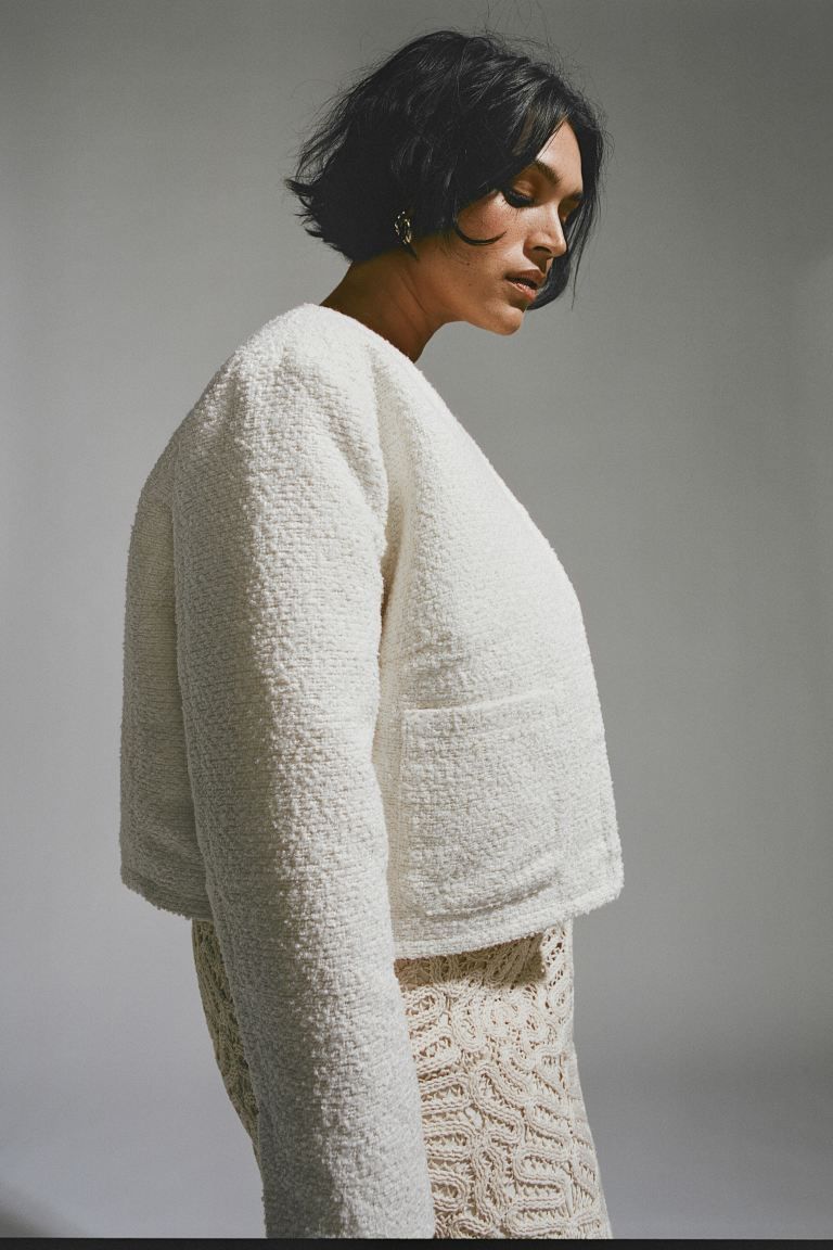 Bouclé Jacket - Round Neck - Long sleeve - Cream - Ladies | H&M US | H&M (US + CA)