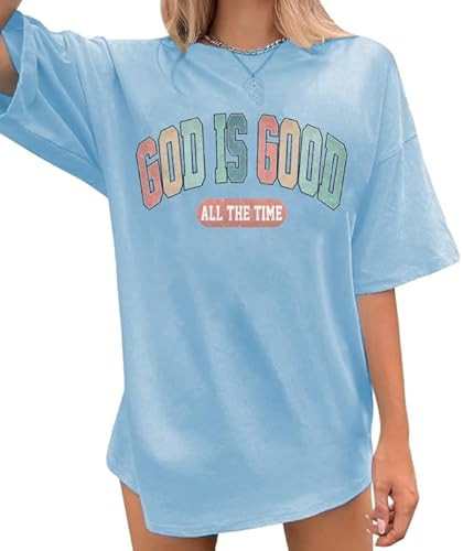 God is Good Shirt Christian Shirts for Women Oversized Jesus Religious Gift Tops Bible Verse Inspirational Tee Blue | Amazon (US)