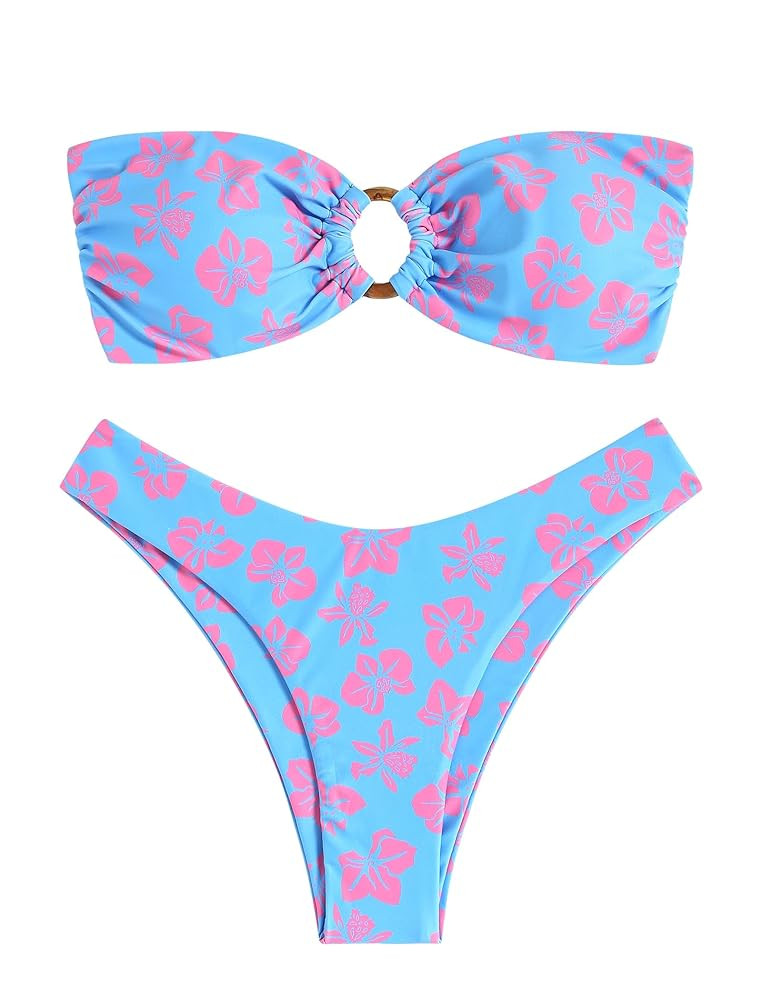 ZAFUL Women's Bandeau Bikini O Ring Strapless Tie Back High Cut Two Piece Swimsuit Bathing Suits | Amazon (US)