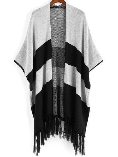 Black Grey Striped Tassel Loose Cardigan | SHEIN