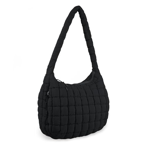 Quilted Puffer Tote Bag for Women,Large Puffer Crossbody Shoulder Lightweight Nylon Hobo Pouch with Zipper,Purse Puffy Quilted Carryall Bag Oversized Padding Tote for Daily Travel(Black) | Amazon (US)