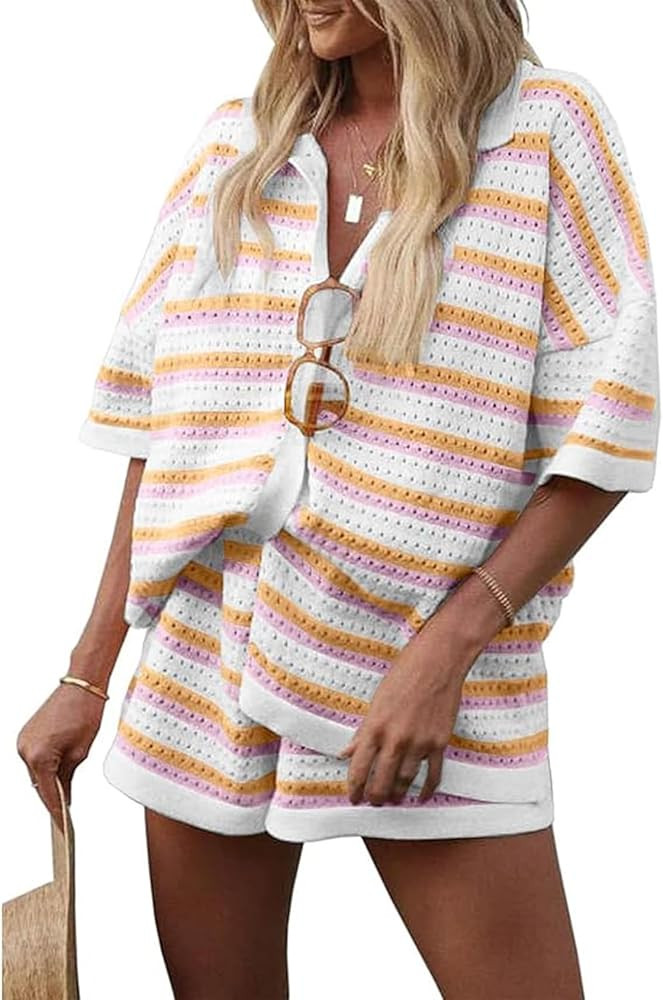 Perbai Womens Summer 2 Piece Knit Lounge Sets Striped Sweater Shorts Outfits Lapel Button Shirt M... | Amazon (US)