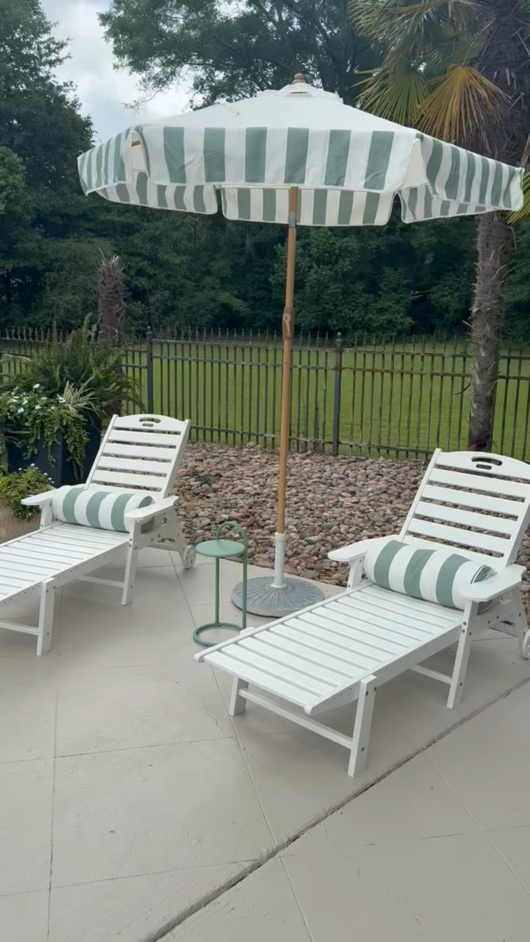 Poolside perfection 🌴☁️ Loving this chic summer setup featuring striped umbrellas from Target and classic white loungers from Amazon—budget-friendly and designer-inspired! 🧖‍♀️💚 The green + white combo gives off major resort vibes without leaving home.

✨ Pro tip: Add a cute drink table + palm planters to complete the look!

🛒 Shop the look:
☂️ Umbrella – Target
🪑 Lounge chairs – Amazon
🪴 Outdoor accessories – linked in my LTK!

#LTKHome #LTKFinds #TargetStyle #AmazonHome #PoolsideVibes #OutdoorLiving #BackyardGoals #ChicOnABudget #SummerSetup #ResortAtHome

#LTKSwim #LTKStyleTip #LTKSummerEdit