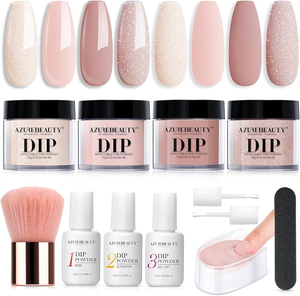 AZUREBEAUTY Dip Powder Nail Kit Starter, All Season Nude Skin Glitter 4 Colors Dipping Powder Liq... | Amazon (US)