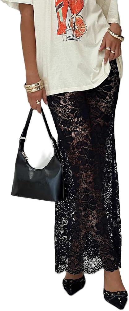 Women Lace Long Skirts Y2k Sheer Maxi Skirt Sexy See Through Beach Cover Up Long Skirt Streetwear | Amazon (US)