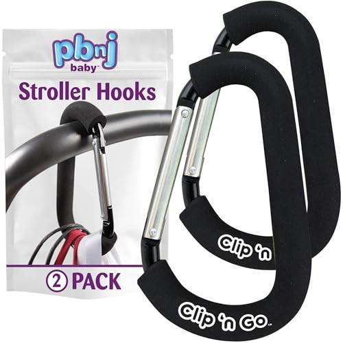 PBnJ Baby Stroller Hooks, 6.6" Extra Large Carabiner Clip, 2 Pack — Heavy Duty Stroller Clips for Hanging Bags, Patented Foam Handle Mommy Hook, Stroller Accessories for Shopping Purse Grocery Bag | Amazon (US)
