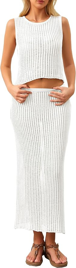 MISSACTIVER Women Beach Cover Up Crochet Two Piece Set See Through Crop Tank Top Knit High Waist ... | Amazon (US)