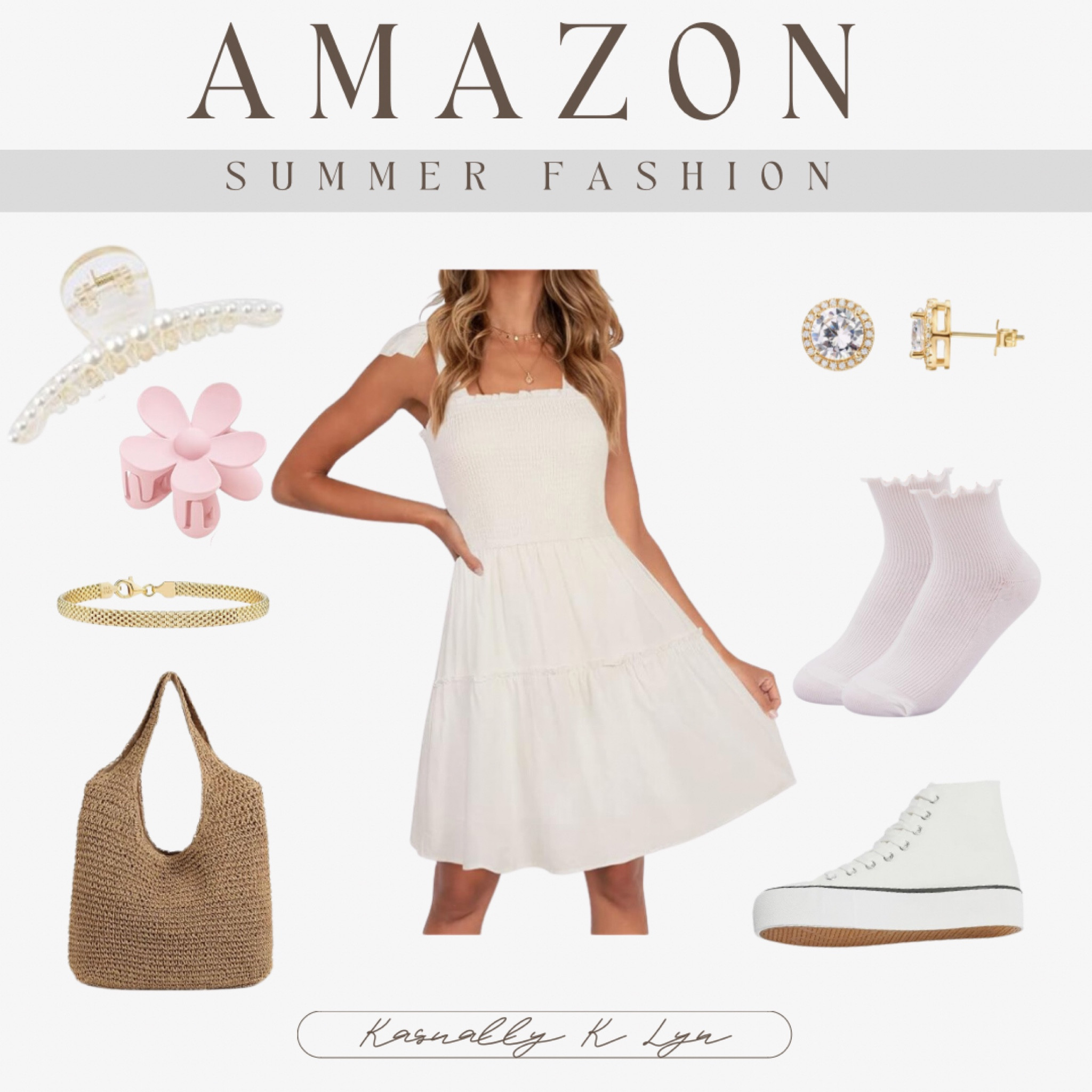 Amazon Summer Fashion!! summer beige spaghetti sleeves square neck ruffle mini dress. women’s high top canvas white platform lace up sneakers. lace ruffled edge ankle socks. gold mesh link chain bracelet. large pearl thick hair clip. large straw boho shoulder summer beach bag. large flower hair clips. sterling silver gold earrings. 

#LTKSummerSales #LTKStyleTip #LTKU