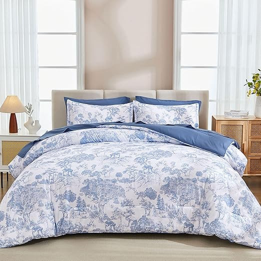 DJY Blue Comforter Set Queen, 7 Pieces Bed in a Bag Queen Size Botanical Comforters with Sheets E... | Amazon (US)