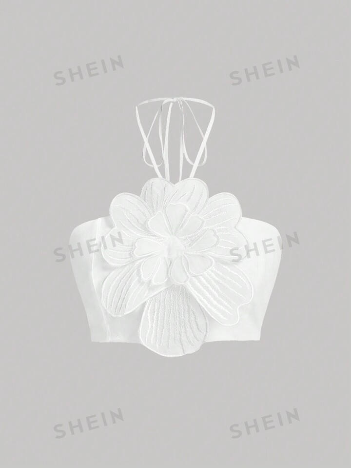 SHEIN Rosie Women's Summer Solid Color Exaggerated 3D Flower Decoration Cropped Halter Neck Vest ... | SHEIN